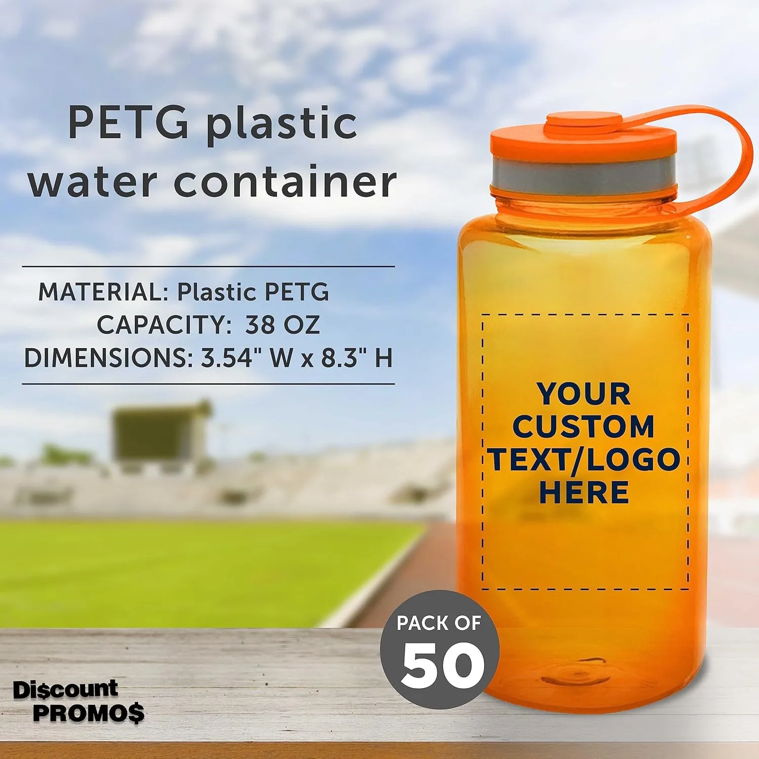 DISCOUNT PROMOS Custom Plastic Sports Water Bottles with Flip Lid 38 oz. Set of 50, Personalized Bulk Pack - Great for Gym, Hiking, Cycling, Camping, Backpacking, School - Orange