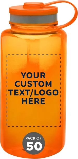 DISCOUNT PROMOS Custom Plastic Sports Water Bottles with Flip Lid 38 oz. Set of 50, Personalized Bulk Pack - Great for Gym, Hiking, Cycling, Camping, Backpacking, School - Orange