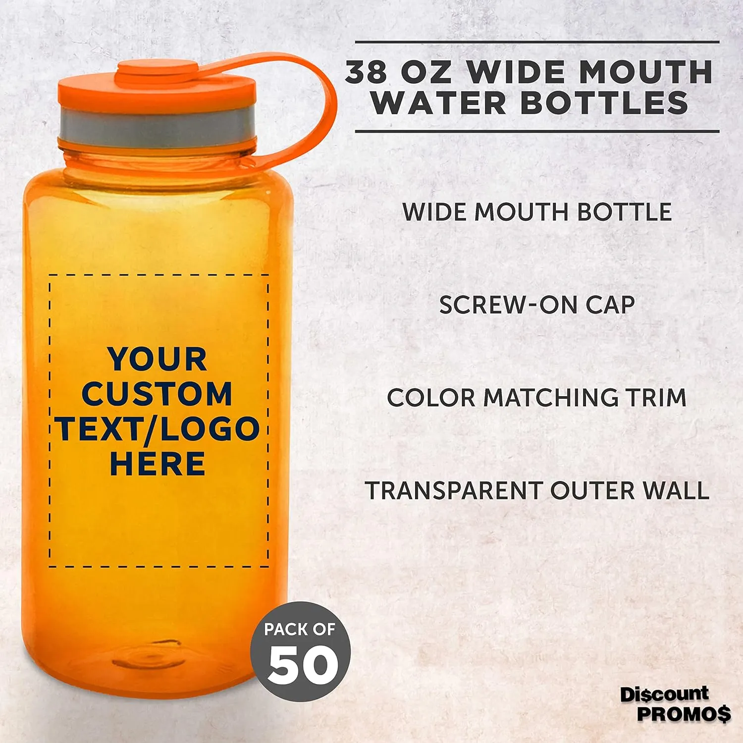 DISCOUNT PROMOS Custom Plastic Sports Water Bottles with Flip Lid 38 oz. Set of 50, Personalized Bulk Pack - Great for Gym, Hiking, Cycling, Camping, Backpacking, School - Orange