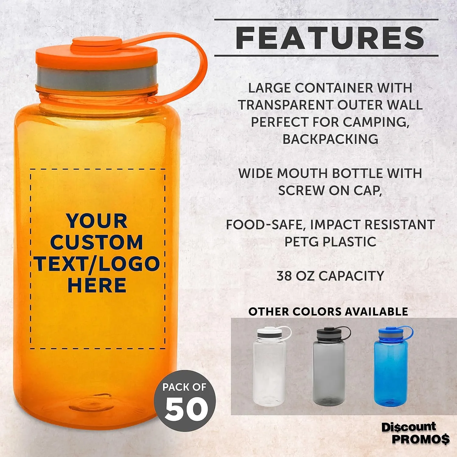 DISCOUNT PROMOS Custom Plastic Sports Water Bottles with Flip Lid 38 oz. Set of 50, Personalized Bulk Pack - Great for Gym, Hiking, Cycling, Camping, Backpacking, School - Orange