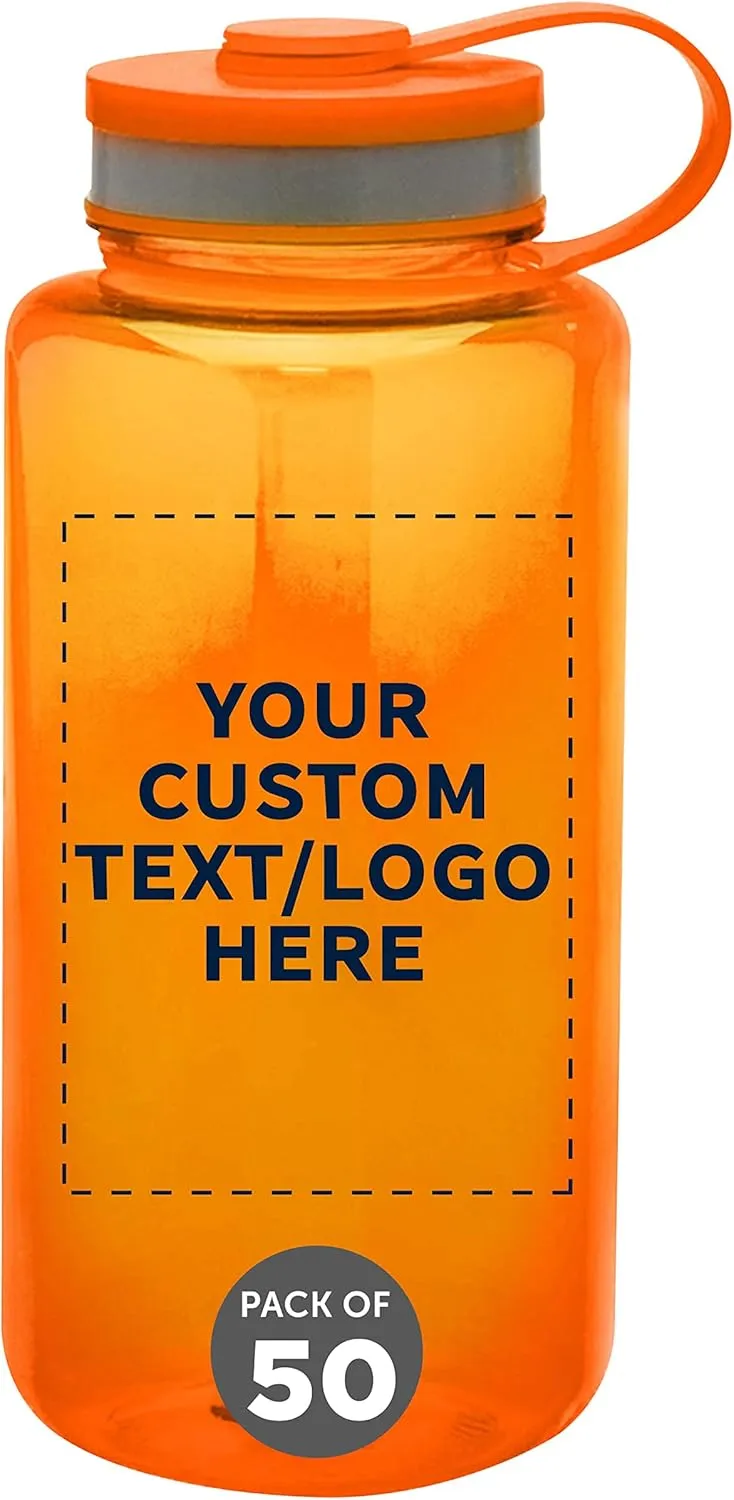 DISCOUNT PROMOS Custom Plastic Sports Water Bottles with Flip Lid 38 oz. Set of 50, Personalized Bulk Pack - Great for Gym, Hiking, Cycling, Camping, Backpacking, School - Orange