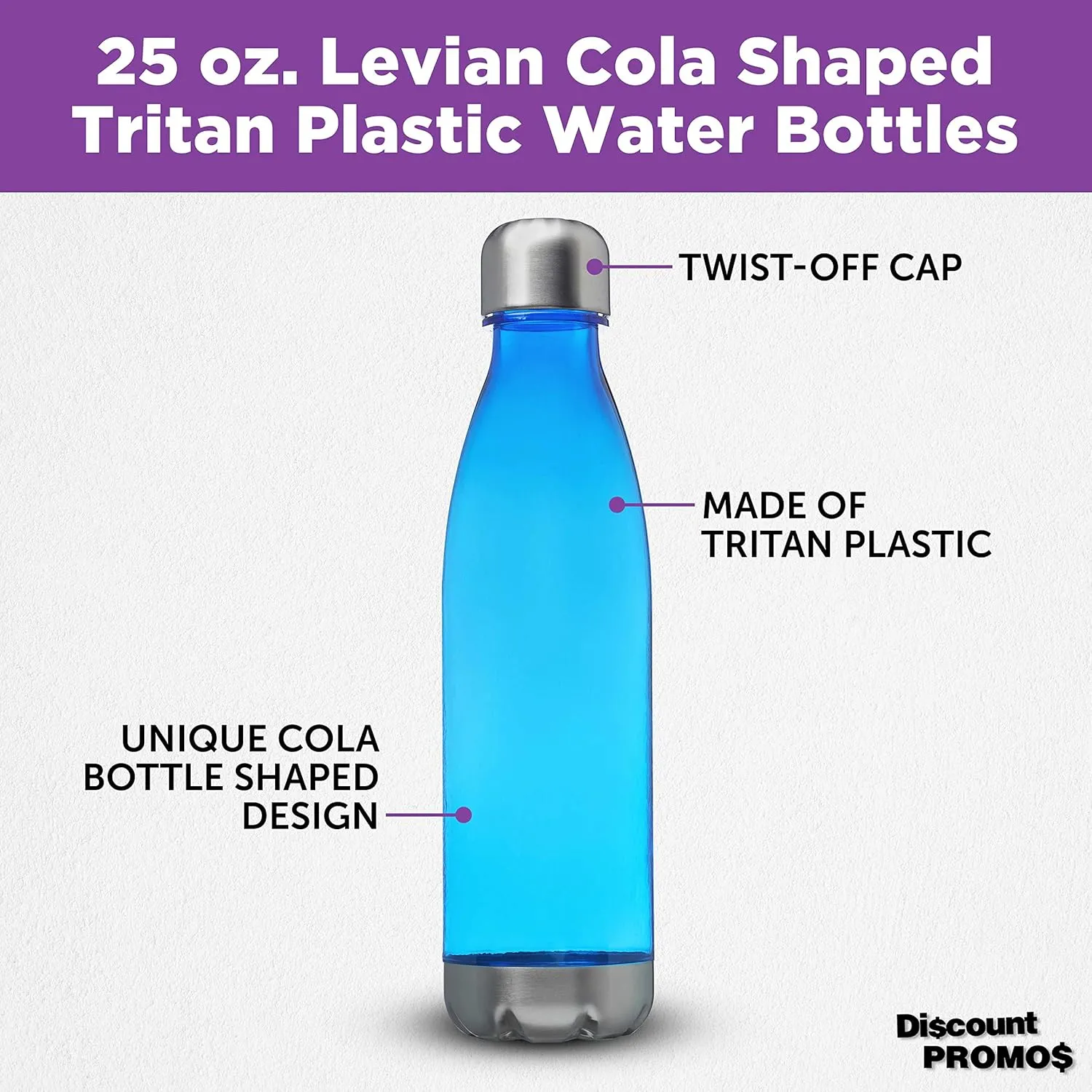 DISCOUNT PROMOS Levian Cola Shaped Plastic Bottles 25 oz. Set of 10, Bulk Pack - BPA Free, Great for Gym, Hiking, Cycling, Yoga and More - Blue