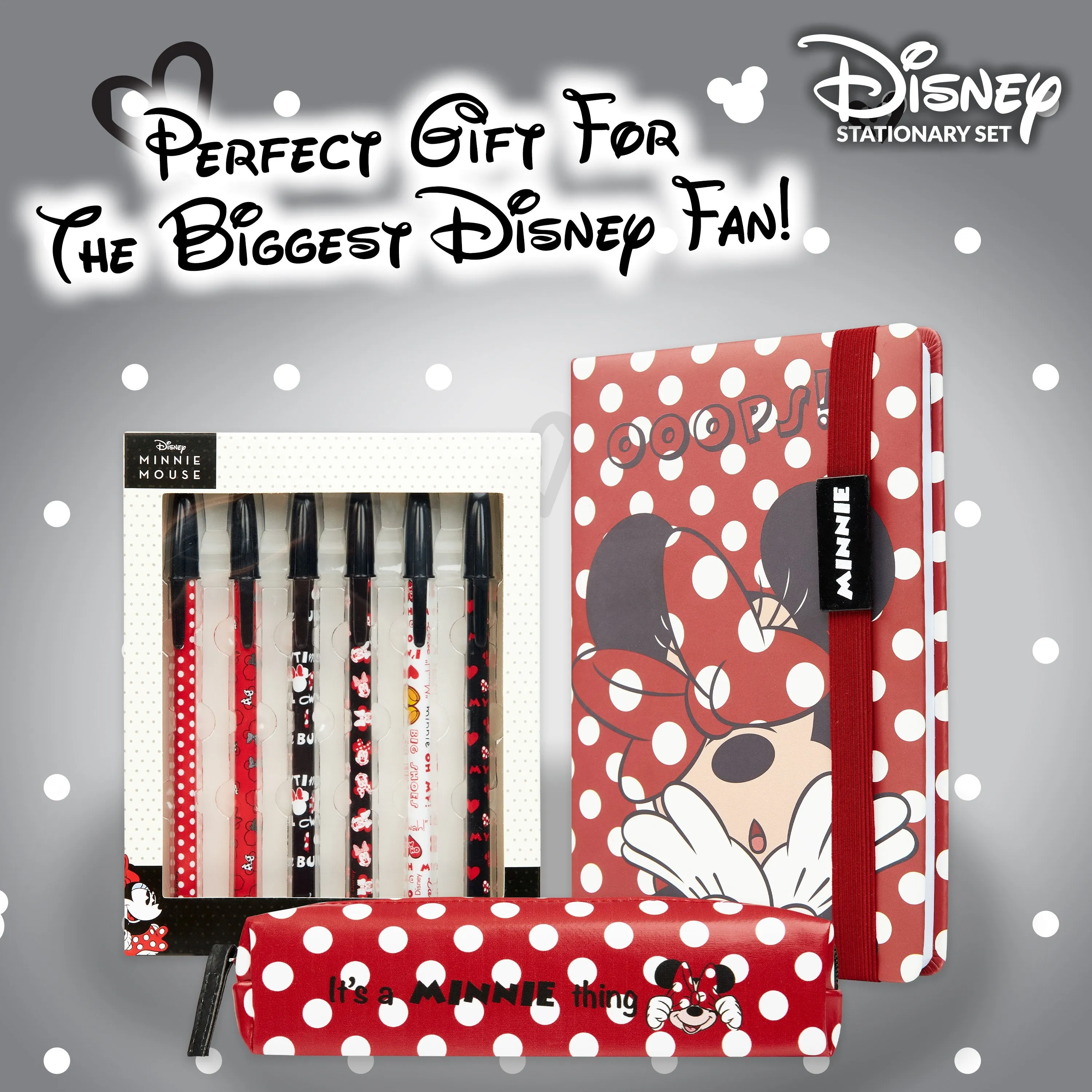 Disney Notebook, Pencil Case & Pen Set, School Supplies, Minnie Mouse Gifts For Girls