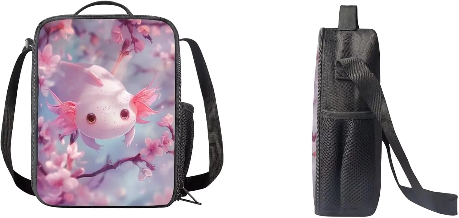 DISNIMO Axolotl Kids Backpacks for Girls Cherry Blossom Backpack and Lunch Box Set for Middle School Elementary Student Bookbag Cute Children's Schoolbag Set of 3 Pink Mochilas Para NiñA