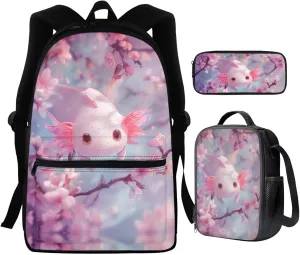 DISNIMO Axolotl Kids Backpacks for Girls Cherry Blossom Backpack and Lunch Box Set for Middle School Elementary Student Bookbag Cute Children's Schoolbag Set of 3 Pink Mochilas Para NiñA