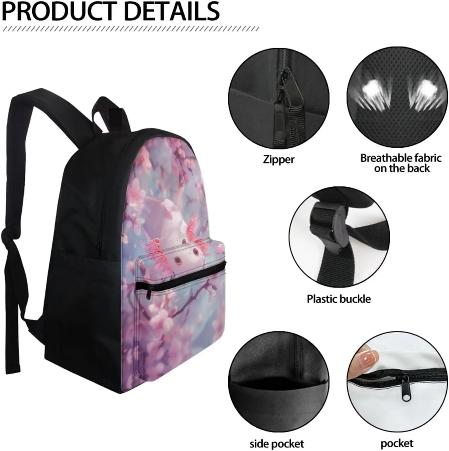 DISNIMO Axolotl Kids Backpacks for Girls Cherry Blossom Backpack and Lunch Box Set for Middle School Elementary Student Bookbag Cute Children's Schoolbag Set of 3 Pink Mochilas Para NiñA