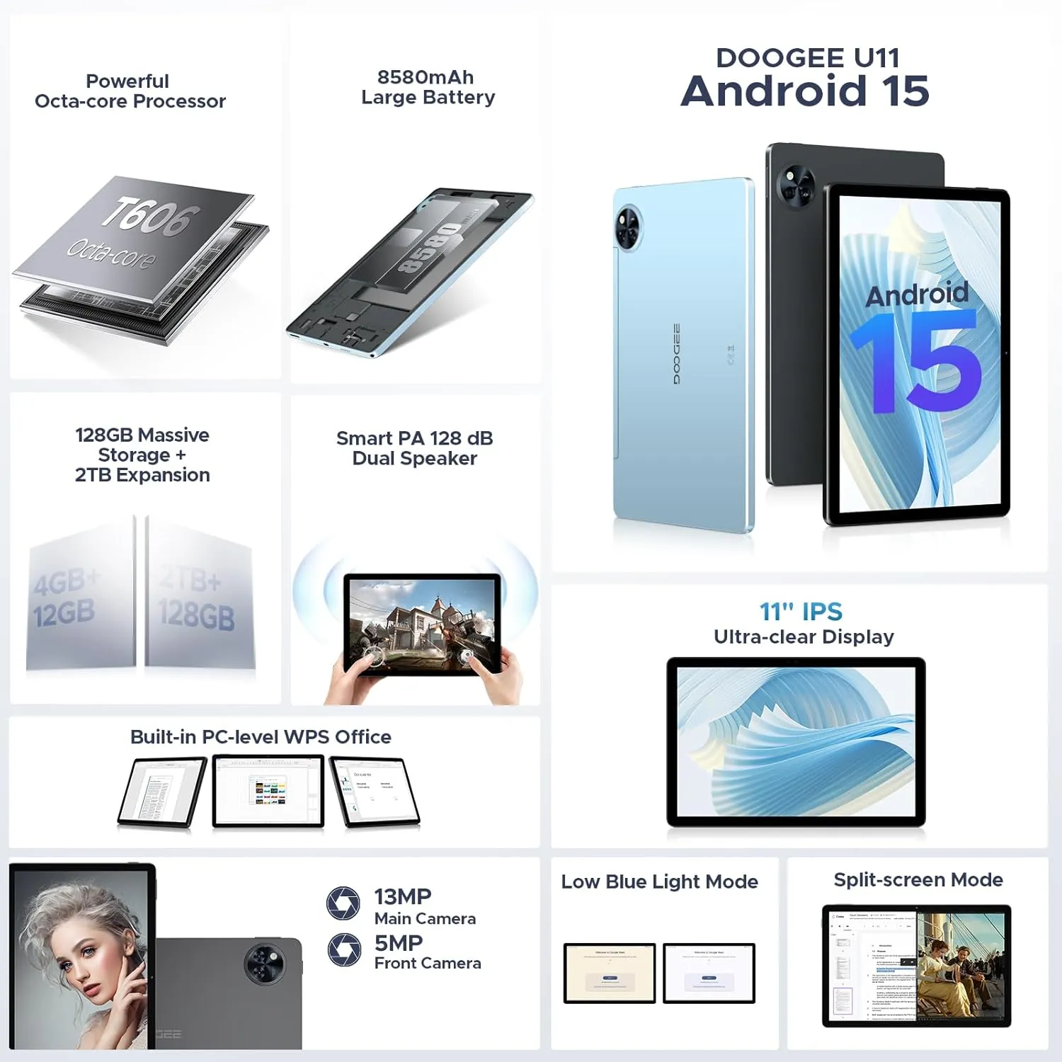 DOOGEE U11(2025) Android 15 Tablet with Keyboard,11 inch Android Tablet 16GB 128GB/2TB TF Octa-Core Gaming Tablets,90Hz Display,8580mAh,Netflix 1080P,BT5.0 5G WiFi,13MP 5MP, Face ID,Metal Body