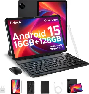 DOOGEE U11(2025) Android 15 Tablet with Keyboard,11 inch Android Tablet 16GB 128GB/2TB TF Octa-Core Gaming Tablets,90Hz Display,8580mAh,Netflix 1080P,BT5.0 5G WiFi,13MP 5MP, Face ID,Metal Body