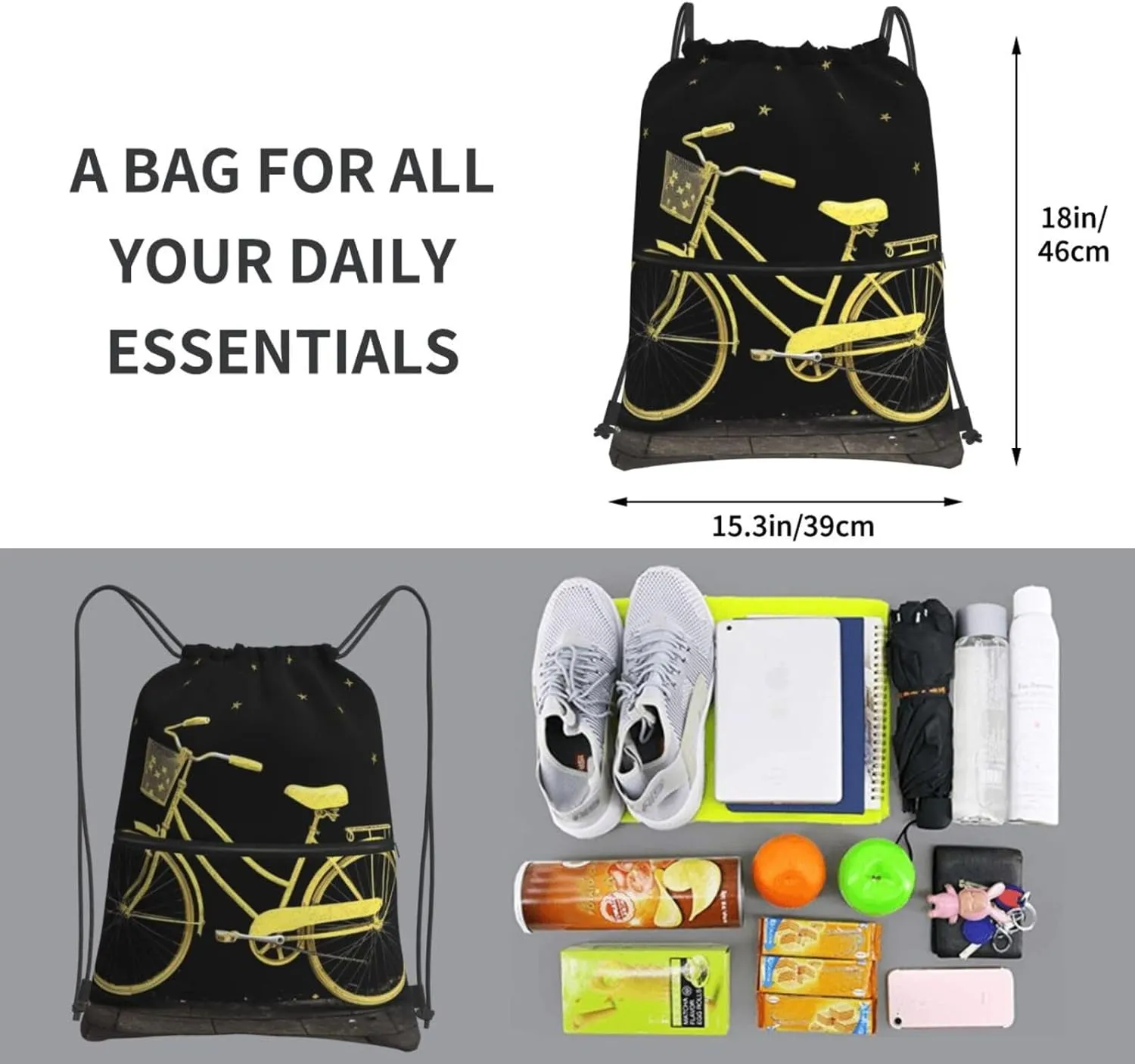 Drawstring Bag Gym Sack Drawstring Backpack Sport Gym Sack Cinch Bag Zebra Print Sport Bags for Travel, Yellow Bike, One Size