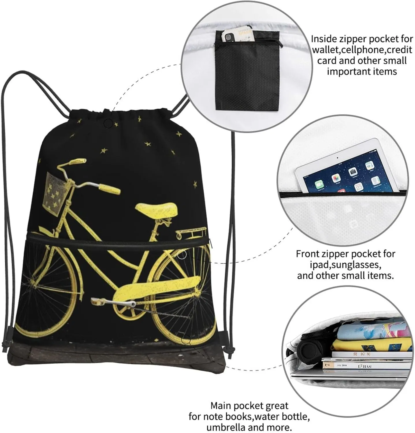 Drawstring Bag Gym Sack Drawstring Backpack Sport Gym Sack Cinch Bag Zebra Print Sport Bags for Travel, Yellow Bike, One Size