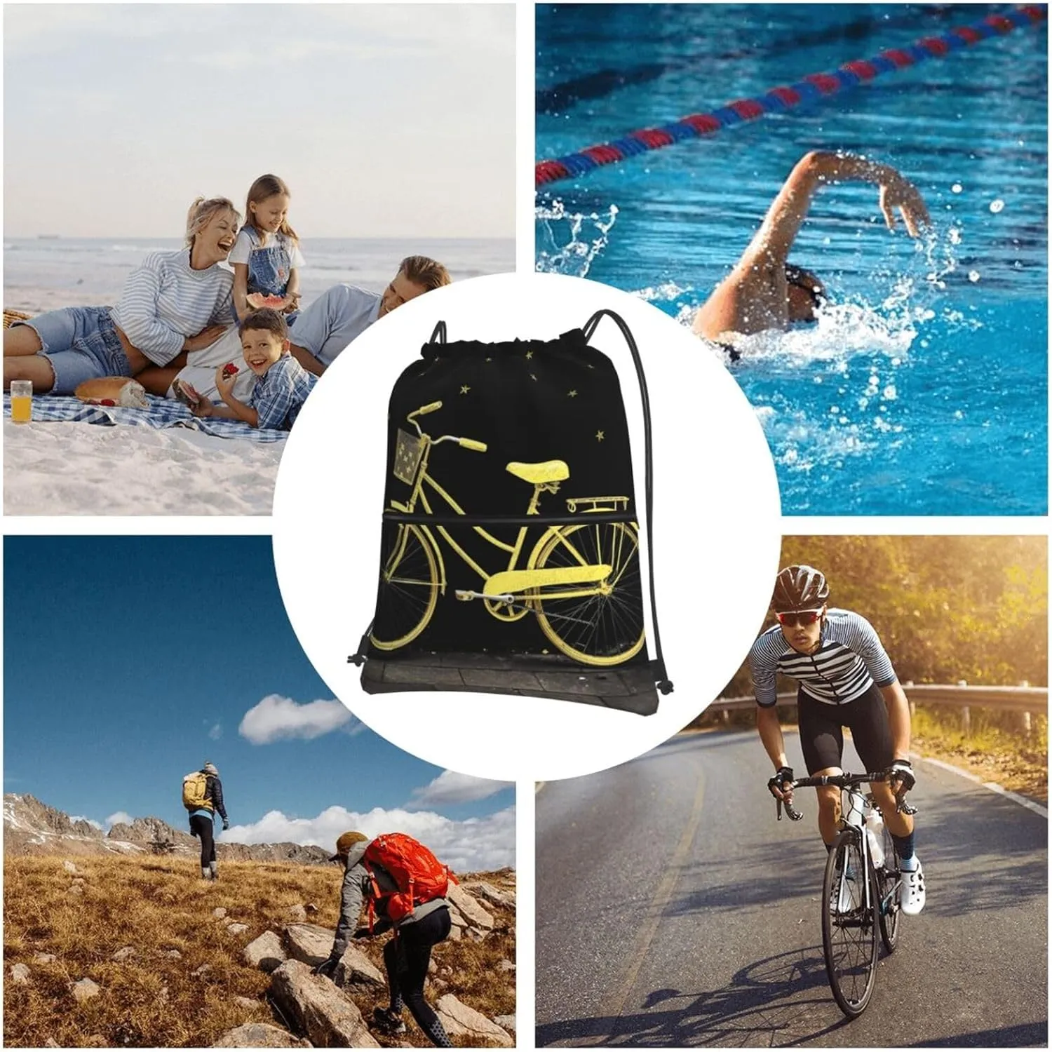 Drawstring Bag Gym Sack Drawstring Backpack Sport Gym Sack Cinch Bag Zebra Print Sport Bags for Travel, Yellow Bike, One Size