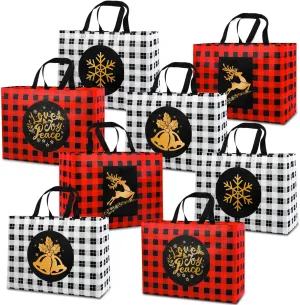 DULEFUN 8pcs Large Tote Bags - 4 Styles Xmas Non-Woven Reusable Treat & Wrapping Bags for Holiday Party Favors