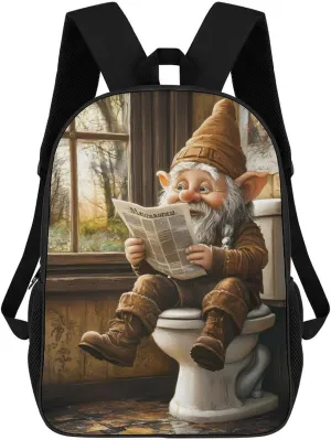 Dwarf Sitting in Toilet Reading Newspaper 17 Inch Shoulder Backpack Fashion Laptop Bag Travel Daypack for Camping Hiking