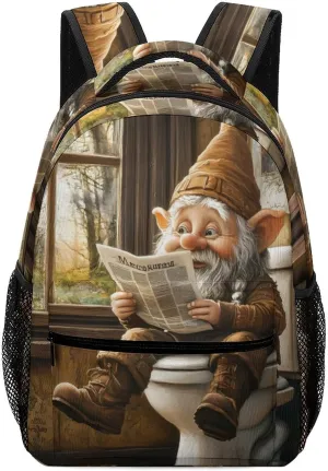 Dwarf Sitting in Toilet Reading Newspaper Laptop Backpack Durable Travel Daypack Casual Shoulder Bag for Sport Hiking