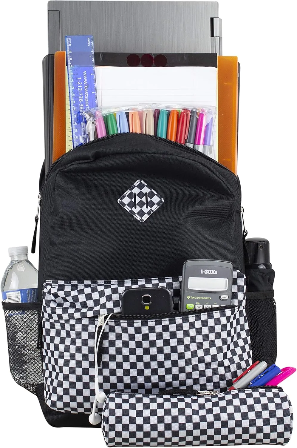 Eastsport Dome Classic Travel Daypack Backpack Bookbag Bag with Accessory Pouch, Black/Checker Plaid Print