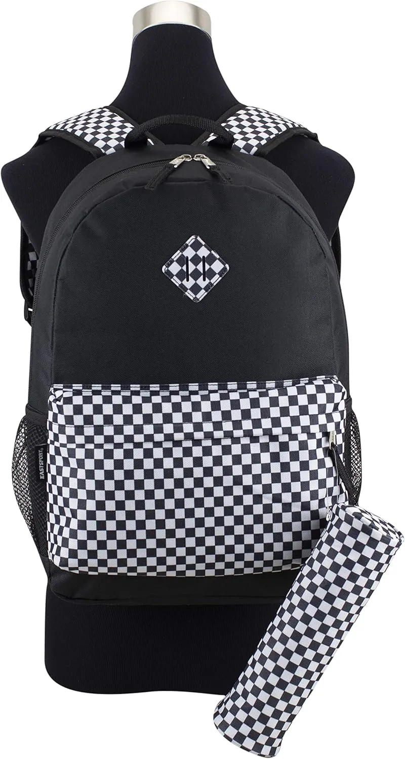 Eastsport Dome Classic Travel Daypack Backpack Bookbag Bag with Accessory Pouch, Black/Checker Plaid Print