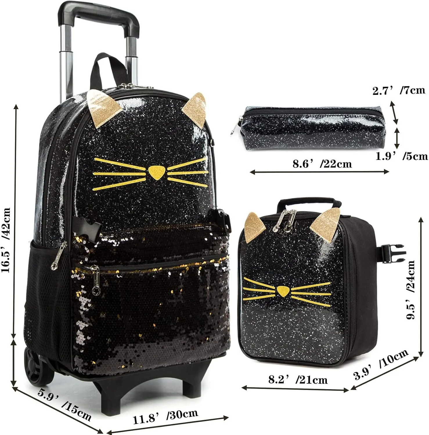 Egchescebo School Bags Kids Rolling Backpack for Girls Kids Luggage Kids Suitcase With Wheels Trolley Wheeled Backpacks for Girls Travel Bags 3PCS Girls Cat Backpack With Lunch for kids Black Bags