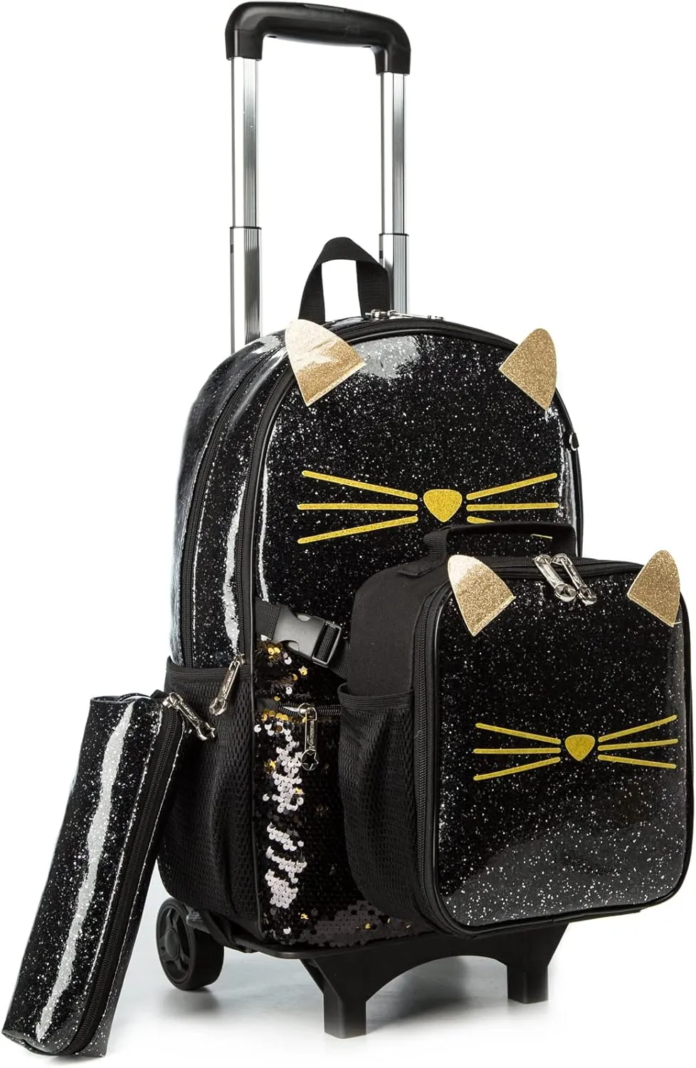 Egchescebo School Bags Kids Rolling Backpack for Girls Kids Luggage Kids Suitcase With Wheels Trolley Wheeled Backpacks for Girls Travel Bags 3PCS Girls Cat Backpack With Lunch for kids Black Bags