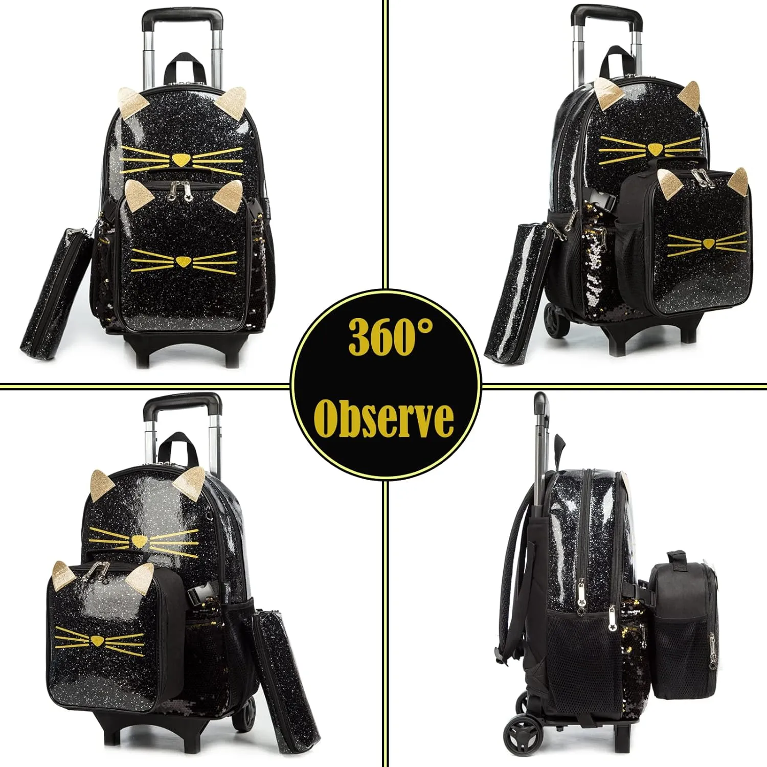 Egchescebo School Bags Kids Rolling Backpack for Girls Kids Luggage Kids Suitcase With Wheels Trolley Wheeled Backpacks for Girls Travel Bags 3PCS Girls Cat Backpack With Lunch for kids Black Bags