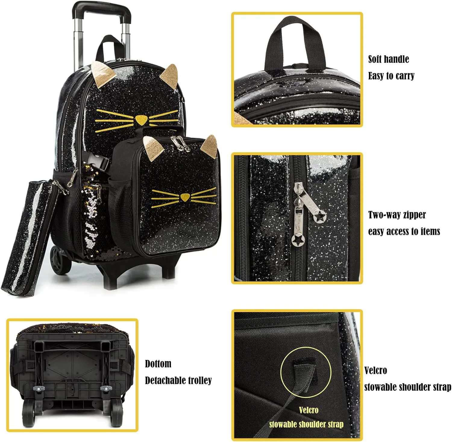 Egchescebo School Bags Kids Rolling Backpack for Girls Kids Luggage Kids Suitcase With Wheels Trolley Wheeled Backpacks for Girls Travel Bags 3PCS Girls Cat Backpack With Lunch for kids Black Bags