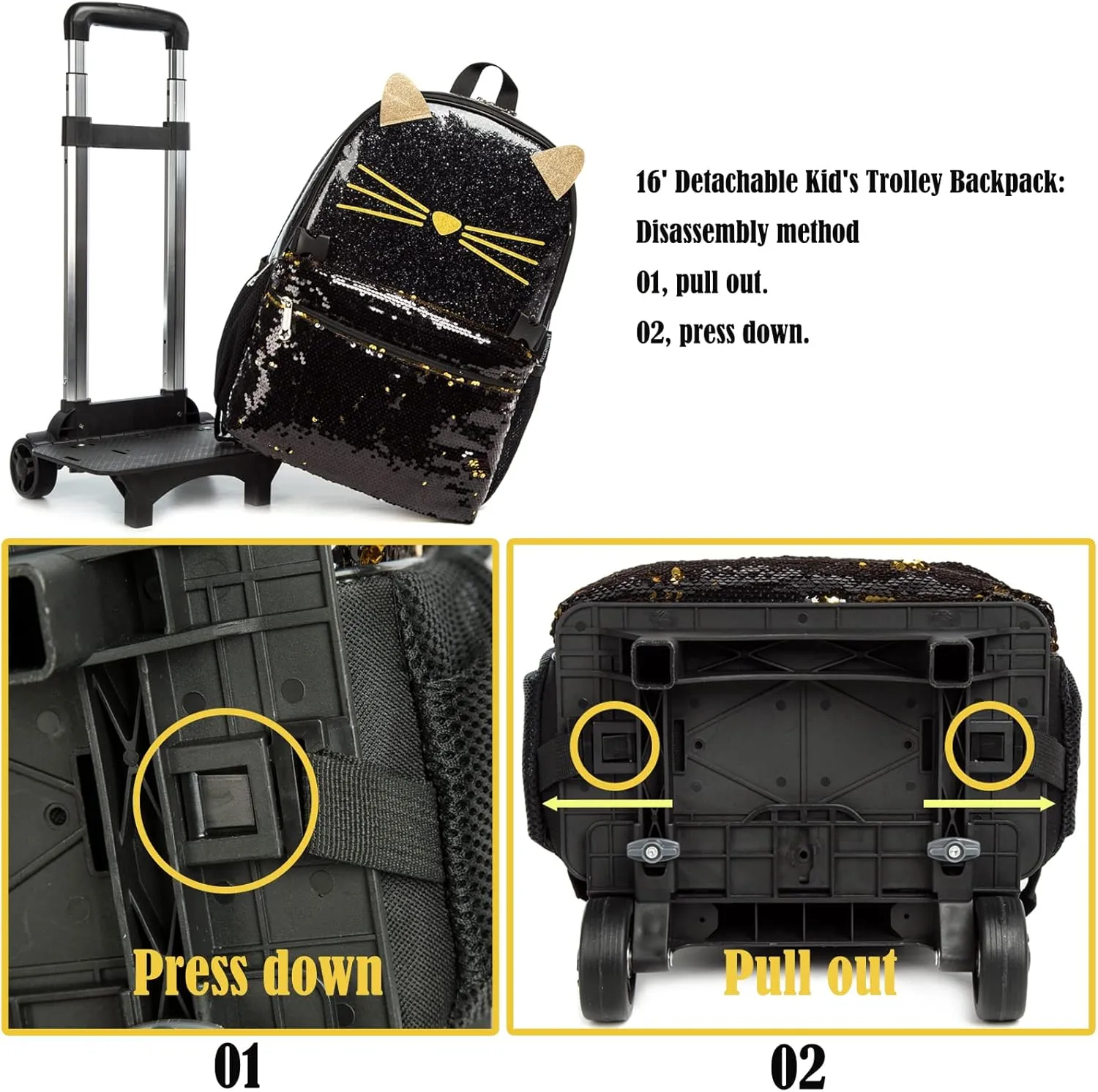 Egchescebo School Bags Kids Rolling Backpack for Girls Kids Luggage Kids Suitcase With Wheels Trolley Wheeled Backpacks for Girls Travel Bags 3PCS Girls Cat Backpack With Lunch for kids Black Bags