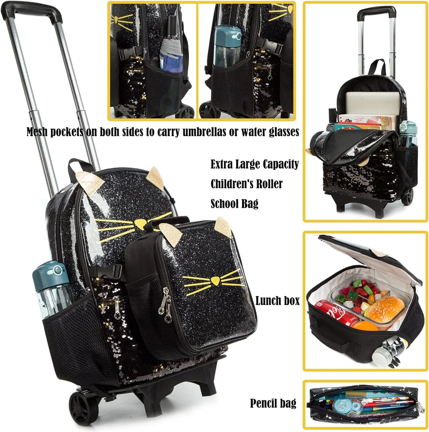 Egchescebo School Bags Kids Rolling Backpack for Girls Kids Luggage Kids Suitcase With Wheels Trolley Wheeled Backpacks for Girls Travel Bags 3PCS Girls Cat Backpack With Lunch for kids Black Bags