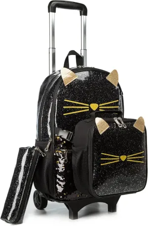 Egchescebo School Bags Kids Rolling Backpack for Girls Kids Luggage Kids Suitcase With Wheels Trolley Wheeled Backpacks for Girls Travel Bags 3PCS Girls Cat Backpack With Lunch for kids Black Bags