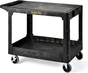 ELAFROS Large Heavy Duty Plastic Utility Cart Flat top 42.5 x 25 Inch - Work Cart Flat Shelves and Full Swivel Wheels Holds up to 550 lbs - 2 Tier Service Cart for Warehouse,Garage, Cleaning Black