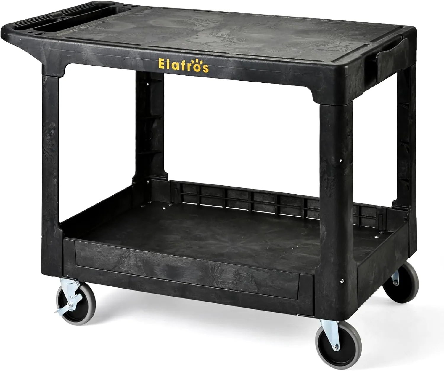 ELAFROS Large Heavy Duty Plastic Utility Cart Flat top 42.5 x 25 Inch - Work Cart Flat Shelves and Full Swivel Wheels Holds up to 550 lbs - 2 Tier Service Cart for Warehouse,Garage, Cleaning Black