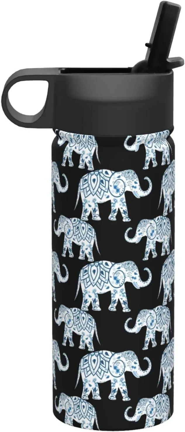 Elephant-Blue Black Print Flask Stainless Steel Water Bottle with Straw 18OZ FOR Outdoor Gym Commute