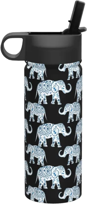 Elephant-Blue Black Print Flask Stainless Steel Water Bottle with Straw 18OZ FOR Outdoor Gym Commute
