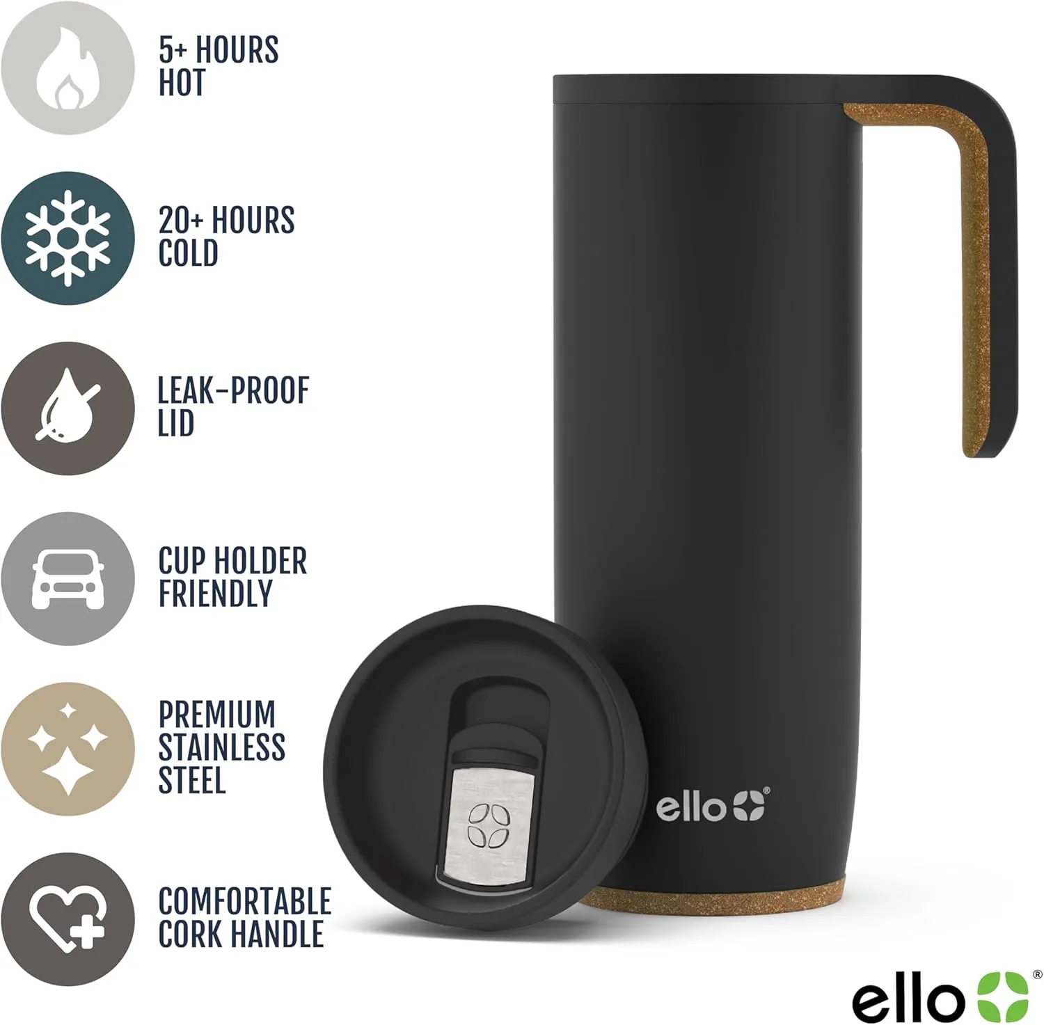 Ello Magnet 18oz Vacuum Insulated Stainless Steel Travel Mug with Side Handle and Leak-Proof Slider Lid and Built-in Coaster, Keeps Hot for 5 Hours, Perfect for Coffee or Tea, BPA-Free, Holiday Gift