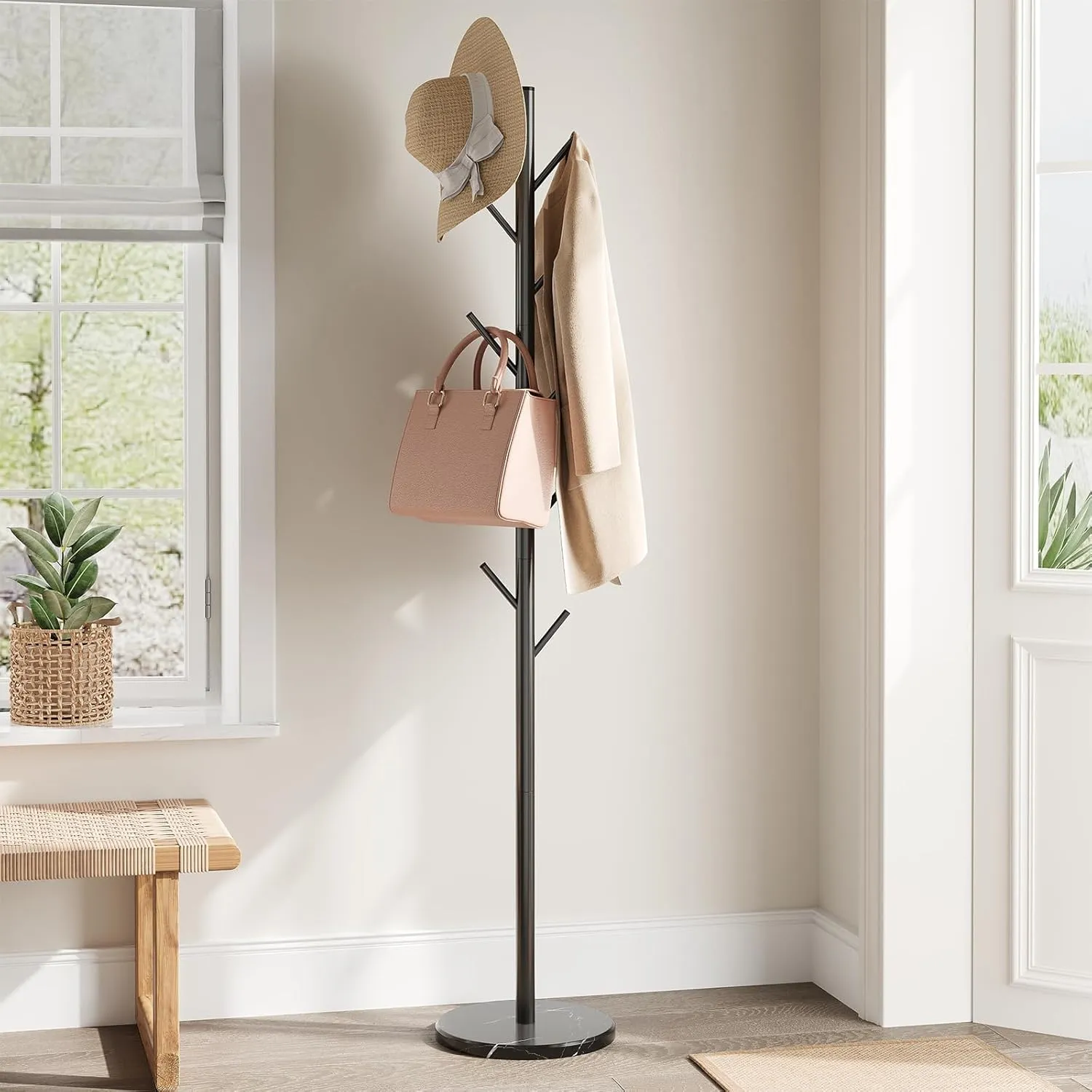 ELYKEN Coat Rack Freestanding with Natural Marble Base, Metal Coat Rack Stand with 10 Hooks, 3 Adjustable Size Coat Tree for Bags, Clothes, and Hats for Entryway, Bedroom, Hallway, Office, Black