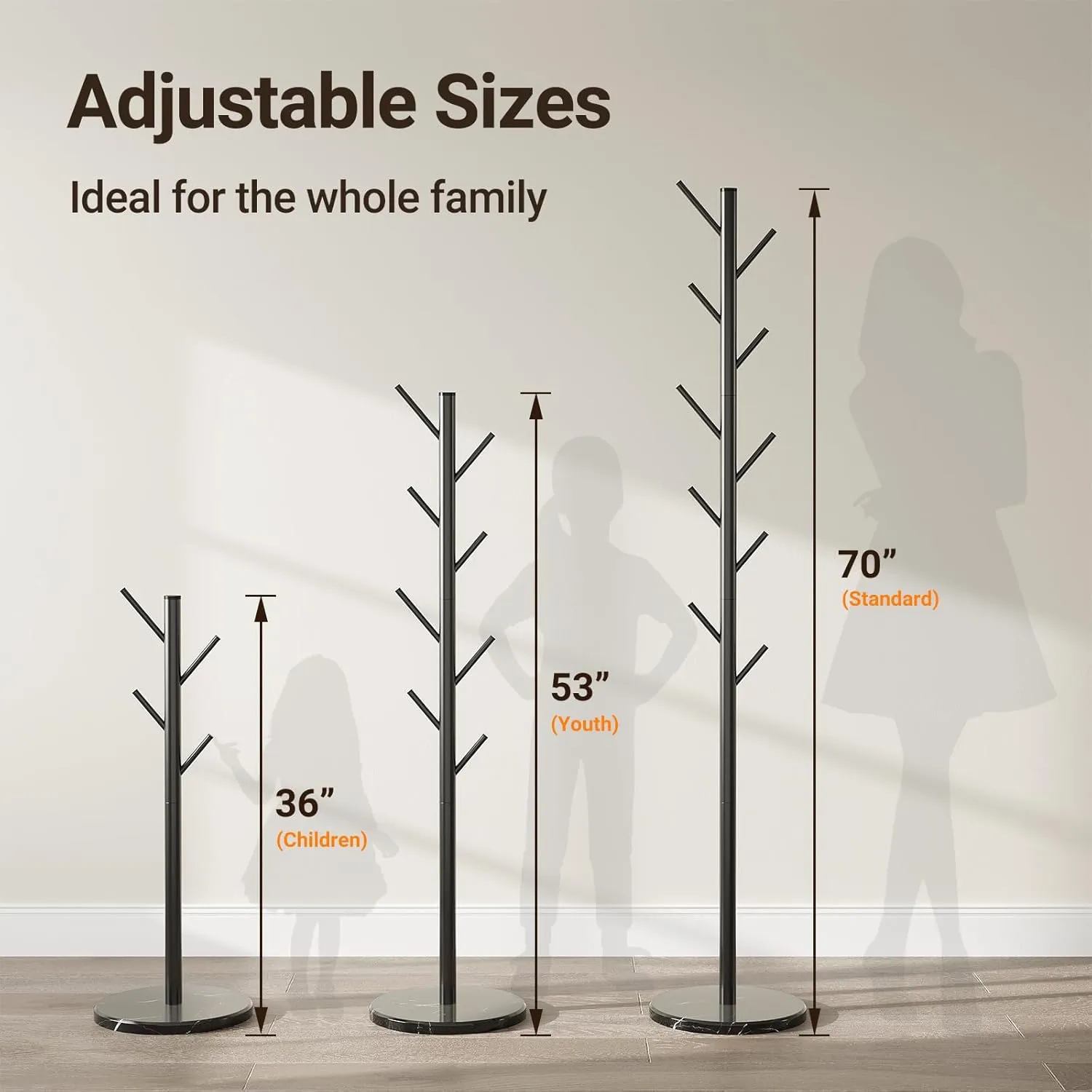 ELYKEN Coat Rack Freestanding with Natural Marble Base, Metal Coat Rack Stand with 10 Hooks, 3 Adjustable Size Coat Tree for Bags, Clothes, and Hats for Entryway, Bedroom, Hallway, Office, Black