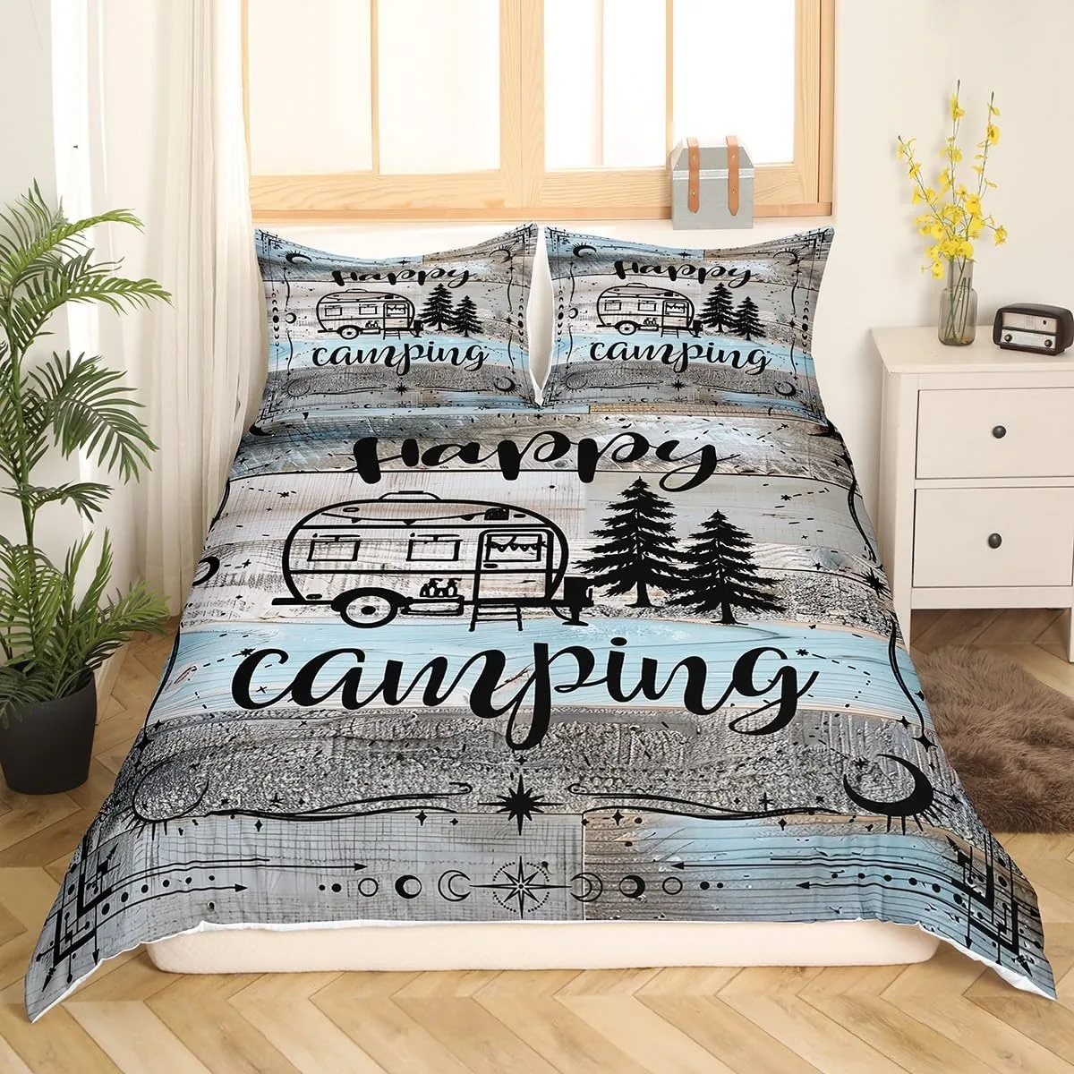 Erosebridal Boho Camper Decor Comforter Cover Twin Happy Camping Bedding Set Rv Accessories Duvet Cover for Travel Trailers Bunks,Rustic Farmhouse Stars Moon Quilt Cover Blue Grey Zipper
