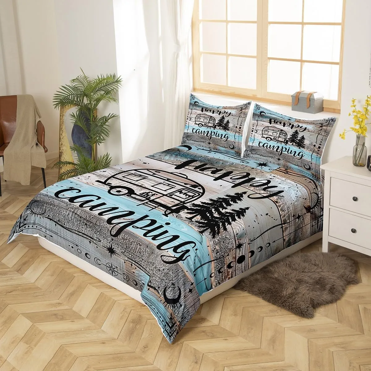 Erosebridal Boho Camper Decor Comforter Cover Twin Happy Camping Bedding Set Rv Accessories Duvet Cover for Travel Trailers Bunks,Rustic Farmhouse Stars Moon Quilt Cover Blue Grey Zipper