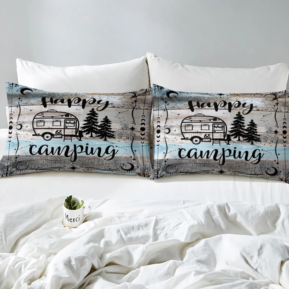 Erosebridal Boho Camper Decor Comforter Cover Twin Happy Camping Bedding Set Rv Accessories Duvet Cover for Travel Trailers Bunks,Rustic Farmhouse Stars Moon Quilt Cover Blue Grey Zipper