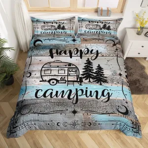 Erosebridal Boho Camper Decor Comforter Cover Twin Happy Camping Bedding Set Rv Accessories Duvet Cover for Travel Trailers Bunks,Rustic Farmhouse Stars Moon Quilt Cover Blue Grey Zipper