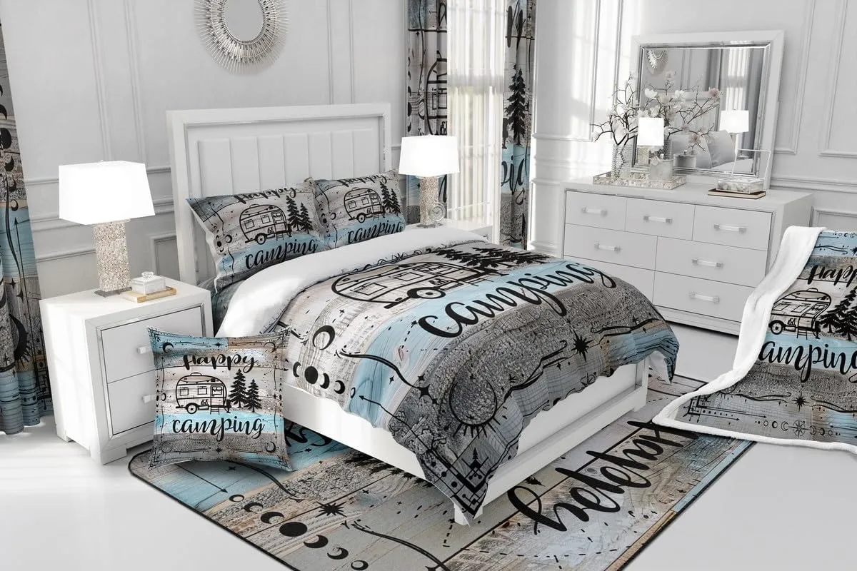 Erosebridal Boho Camper Decor Comforter Cover Twin Happy Camping Bedding Set Rv Accessories Duvet Cover for Travel Trailers Bunks,Rustic Farmhouse Stars Moon Quilt Cover Blue Grey Zipper