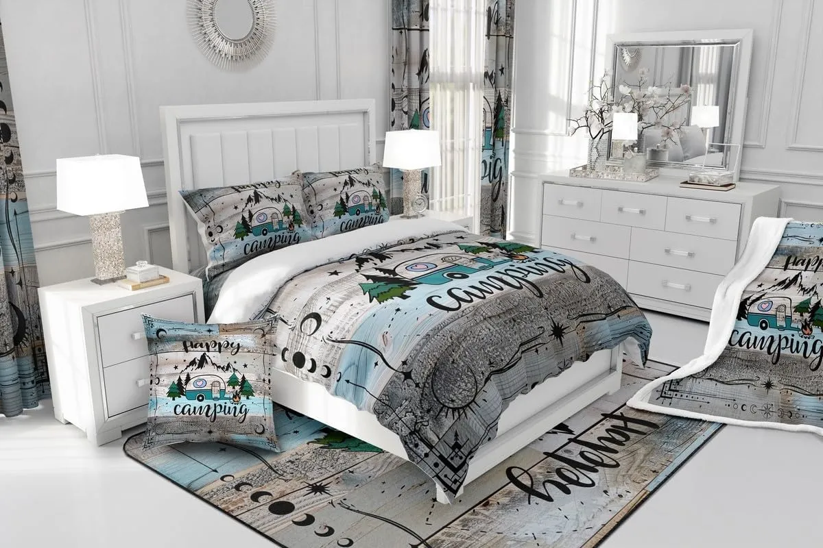 Erosebridal Camper Bedding Set Twin Happy Camping Comforter Cover Rv Bunk Accessories Duvet Cover for Travel Trailers,Boho Moon Stars Decor for Camper Car,Rustic Farmhouse Adventure Quilt Cover