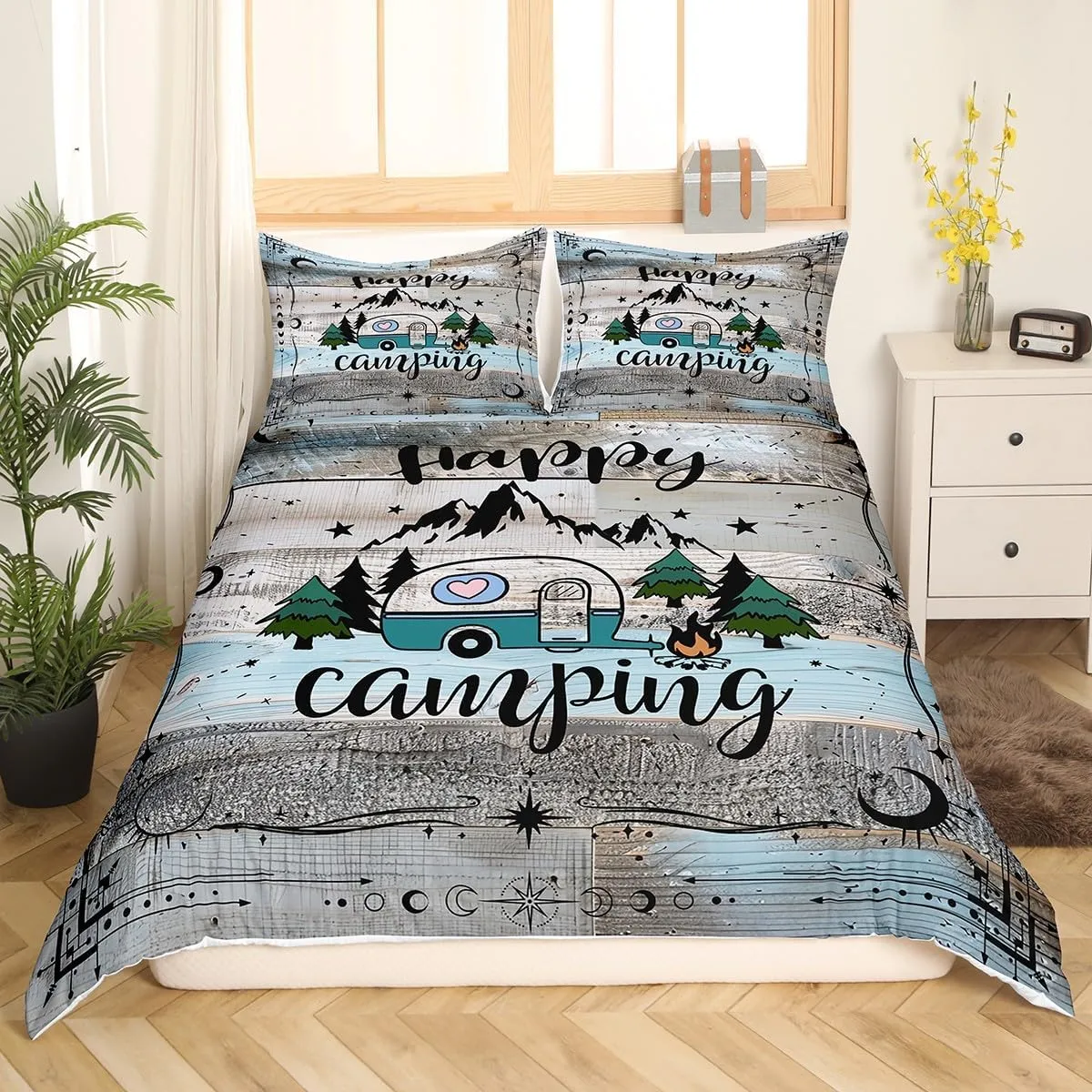 Erosebridal Camper Bedding Set Twin Happy Camping Comforter Cover Rv Bunk Accessories Duvet Cover for Travel Trailers,Boho Moon Stars Decor for Camper Car,Rustic Farmhouse Adventure Quilt Cover