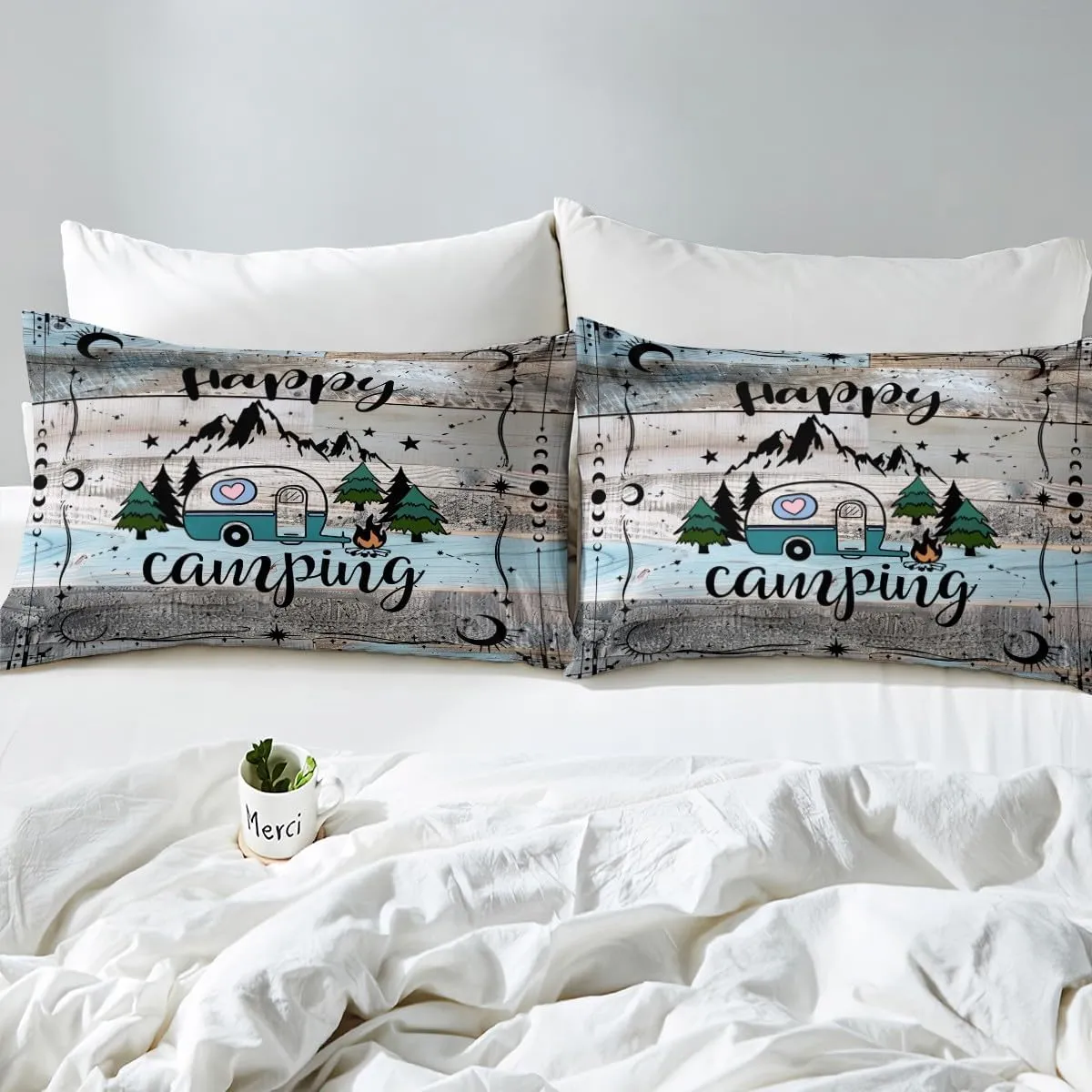 Erosebridal Camper Bedding Set Twin Happy Camping Comforter Cover Rv Bunk Accessories Duvet Cover for Travel Trailers,Boho Moon Stars Decor for Camper Car,Rustic Farmhouse Adventure Quilt Cover
