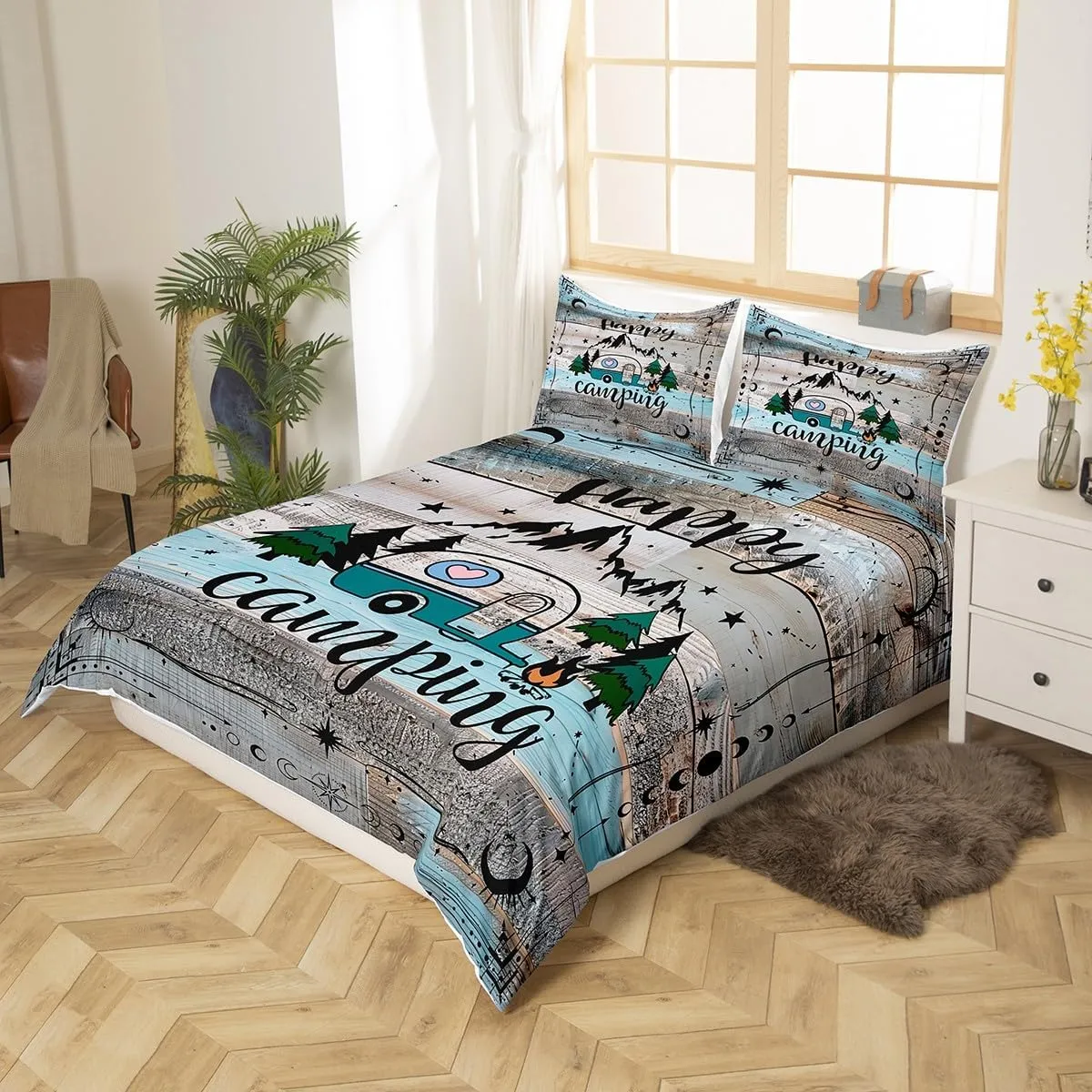 Erosebridal Camper Bedding Set Twin Happy Camping Comforter Cover Rv Bunk Accessories Duvet Cover for Travel Trailers,Boho Moon Stars Decor for Camper Car,Rustic Farmhouse Adventure Quilt Cover