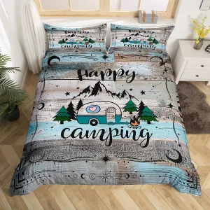 Erosebridal Camper Bedding Set Twin Happy Camping Comforter Cover Rv Bunk Accessories Duvet Cover for Travel Trailers,Boho Moon Stars Decor for Camper Car,Rustic Farmhouse Adventure Quilt Cover