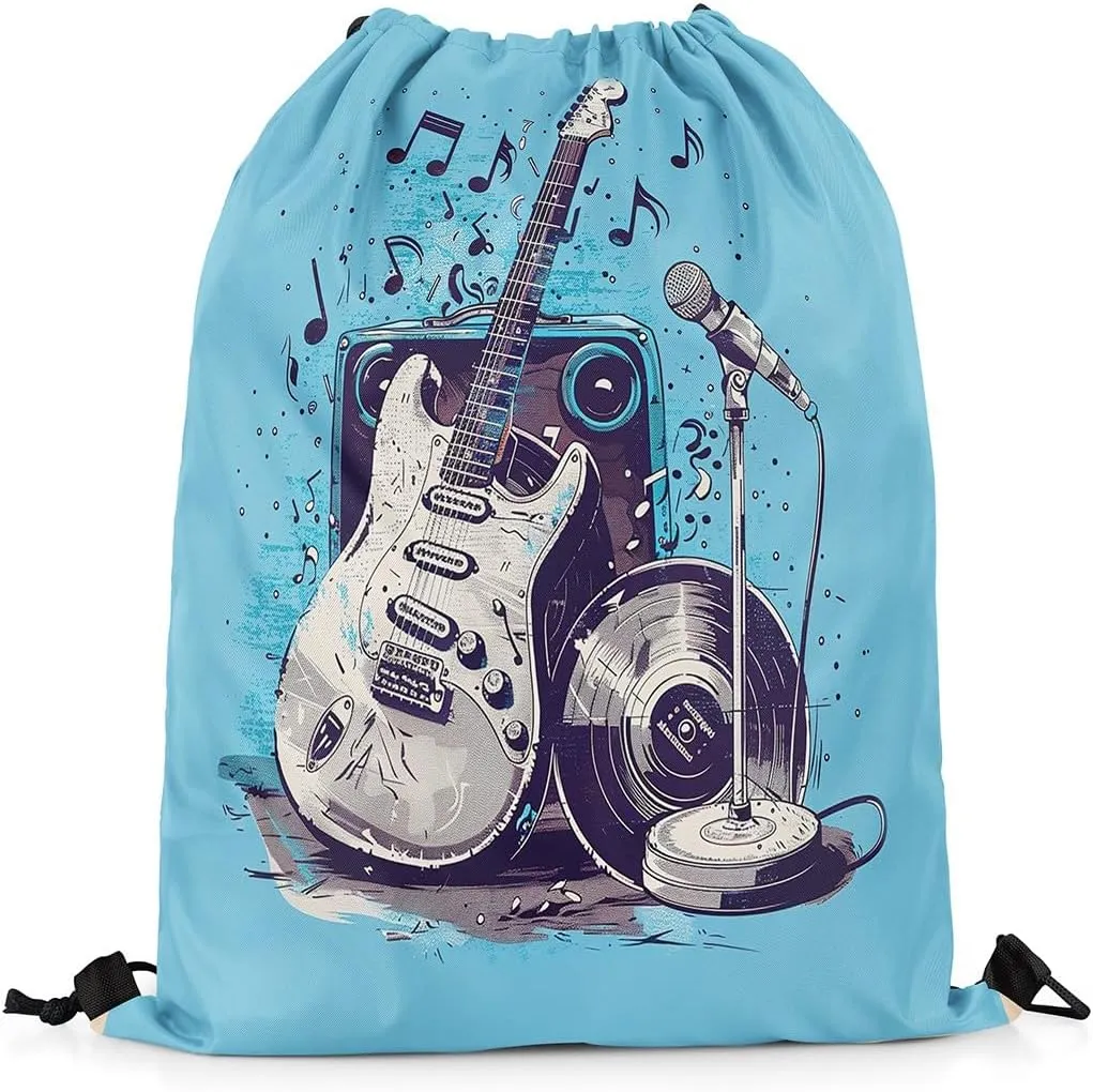 Erosebridal Electric Guitar Drawstring Backpack 13x15.7,Modern Acoustic Rock Music Drawstring Bags,Microphone Tape Audio Draw String Back Bag,Musical Instrument String Backpack,Blue