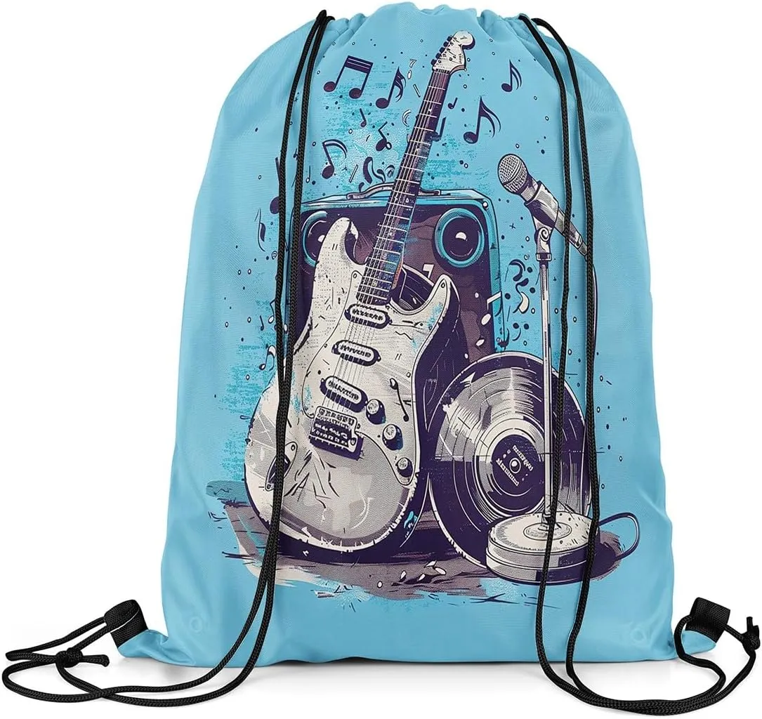 Erosebridal Electric Guitar Drawstring Backpack 13x15.7,Modern Acoustic Rock Music Drawstring Bags,Microphone Tape Audio Draw String Back Bag,Musical Instrument String Backpack,Blue