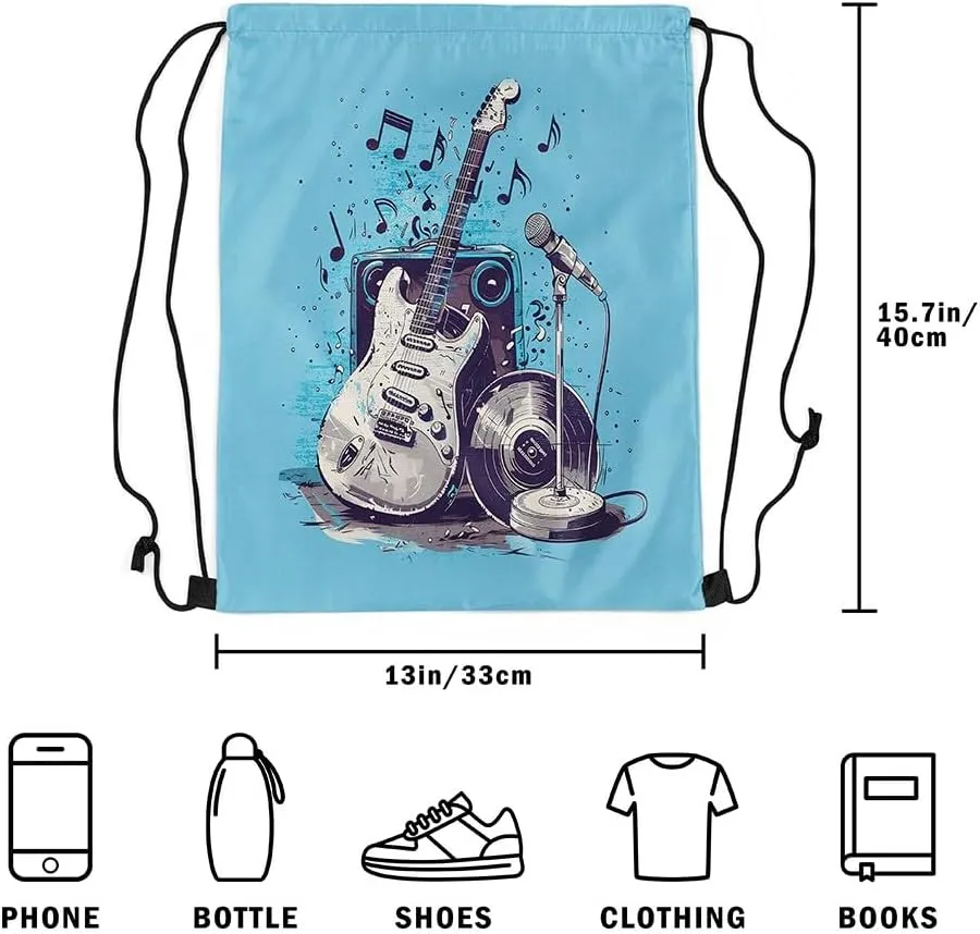 Erosebridal Electric Guitar Drawstring Backpack 13x15.7,Modern Acoustic Rock Music Drawstring Bags,Microphone Tape Audio Draw String Back Bag,Musical Instrument String Backpack,Blue