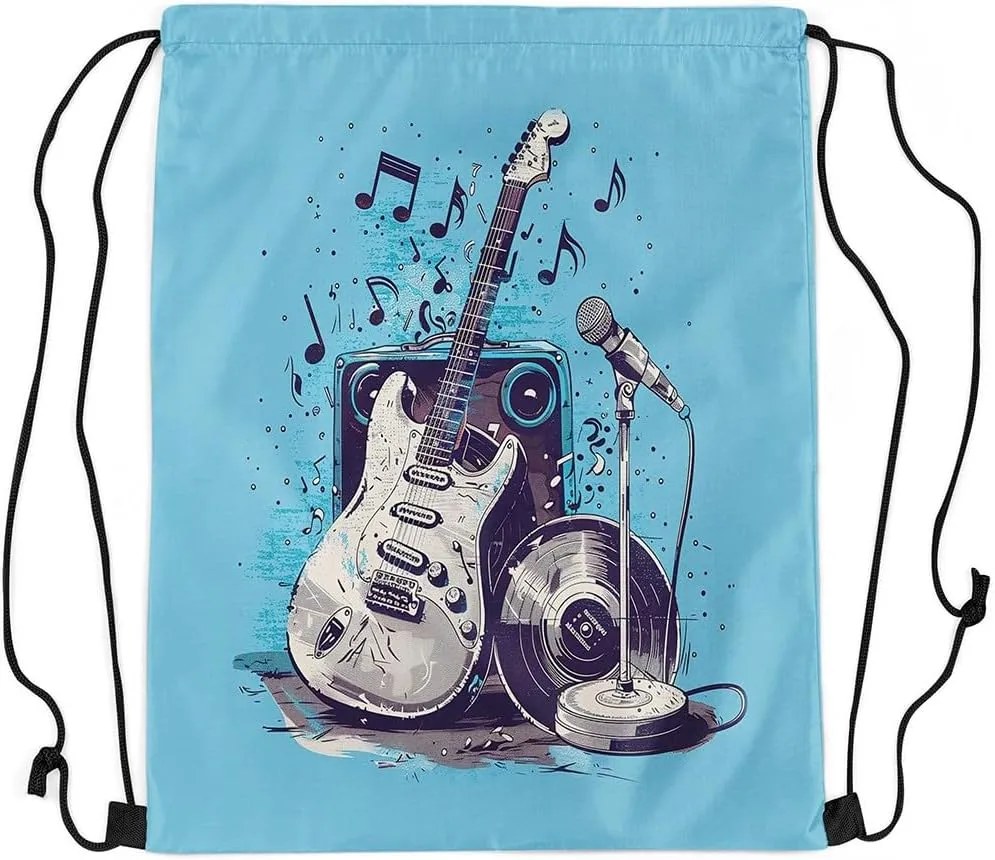 Erosebridal Electric Guitar Drawstring Backpack 13x15.7,Modern Acoustic Rock Music Drawstring Bags,Microphone Tape Audio Draw String Back Bag,Musical Instrument String Backpack,Blue