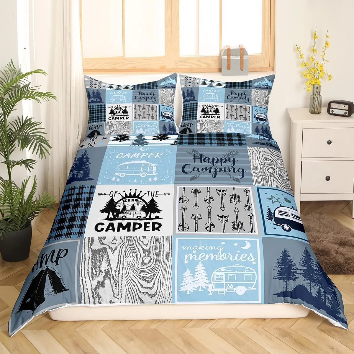 Erosebridal Kids Camper Duvet Cover Twin Happy Camping Bedding Set Rv Bunk Accessories Comforter Cover for Travel Trailers,Blue Grey Rustic Buffalo Plaid Pine Tree Quilt Cover for Boys Girls