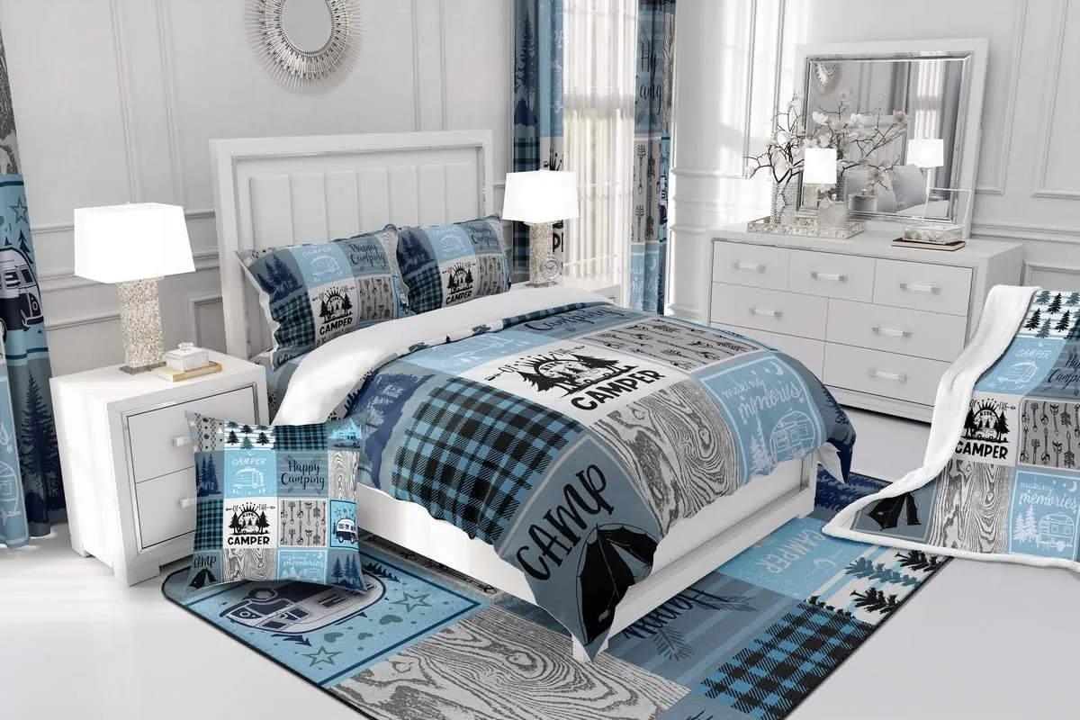 Erosebridal Kids Camper Duvet Cover Twin Happy Camping Bedding Set Rv Bunk Accessories Comforter Cover for Travel Trailers,Blue Grey Rustic Buffalo Plaid Pine Tree Quilt Cover for Boys Girls